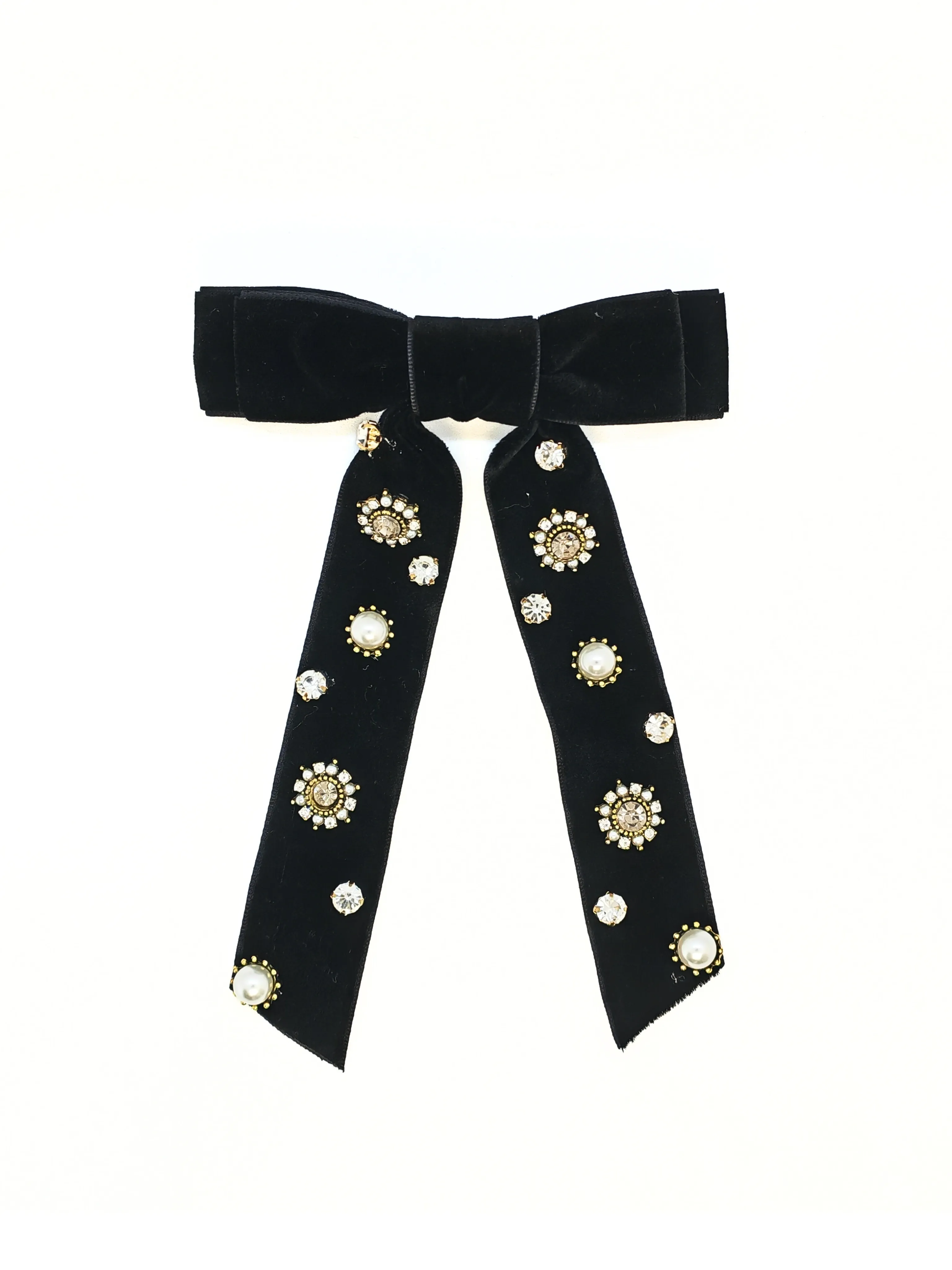 Rhinestone & Pearl Embellished Velvet Bow Hair Clips