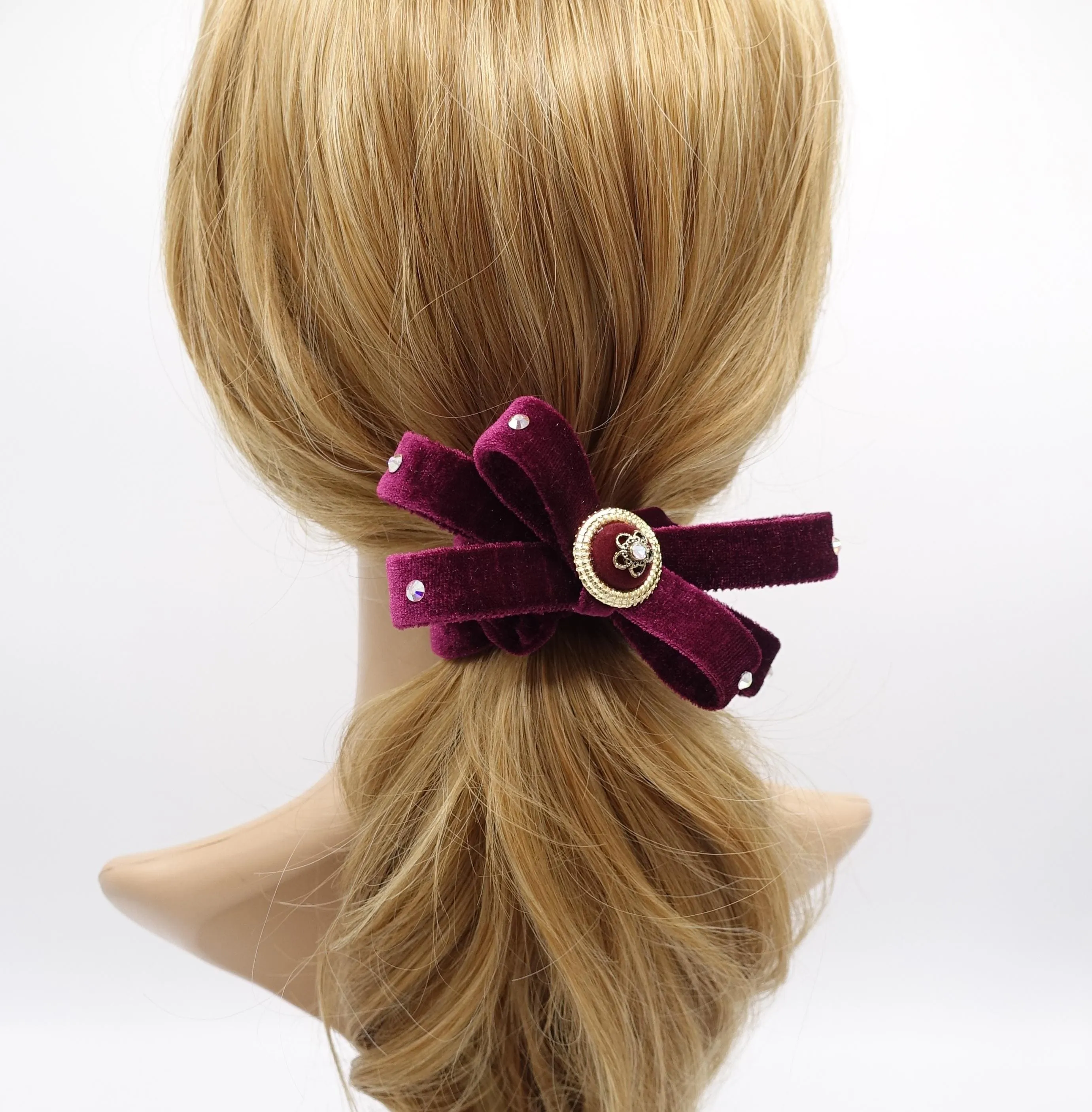 rhinestone button velvet bow scrunchies, regal loop hair tie, embellished hair ties for women