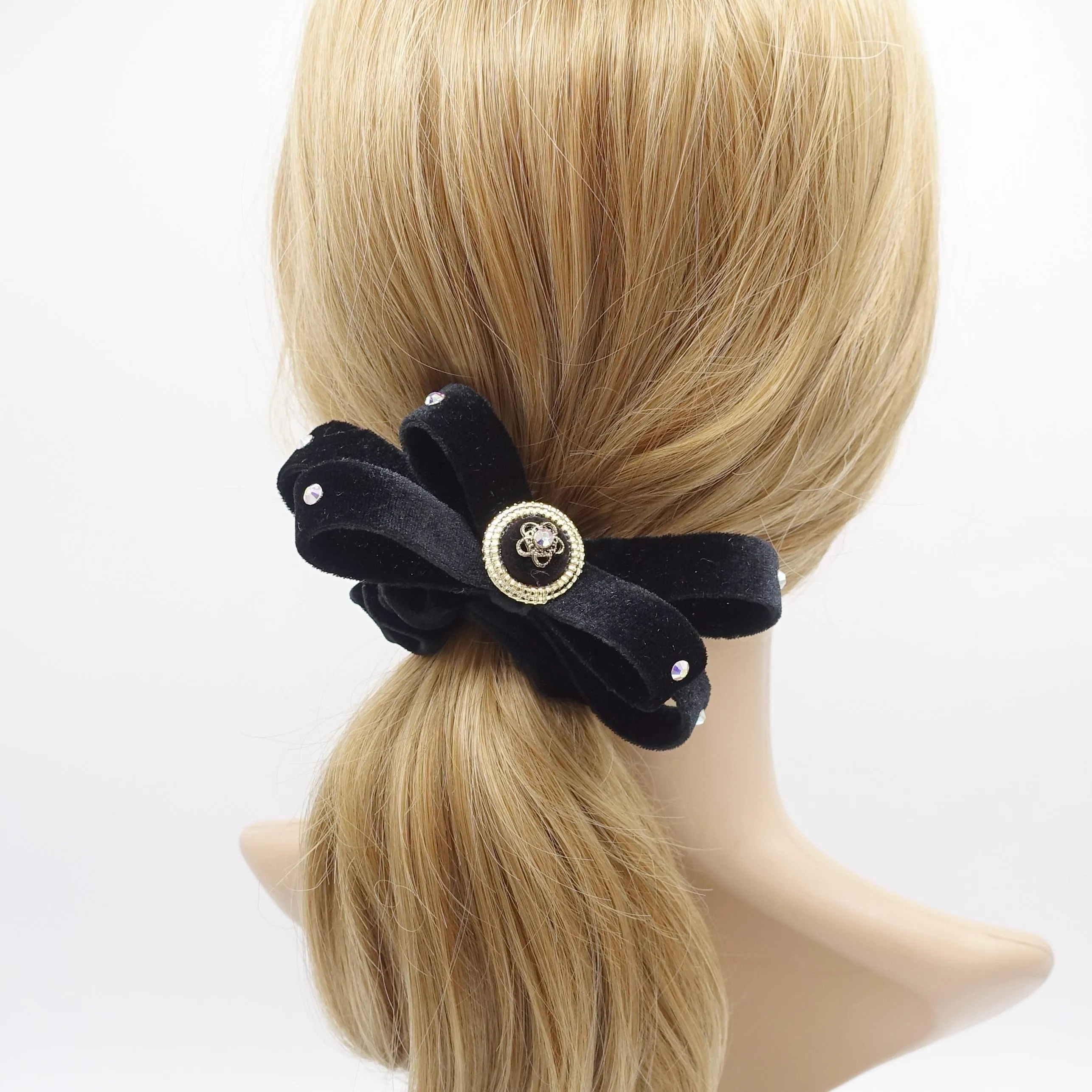 rhinestone button velvet bow scrunchies, regal loop hair tie, embellished hair ties for women