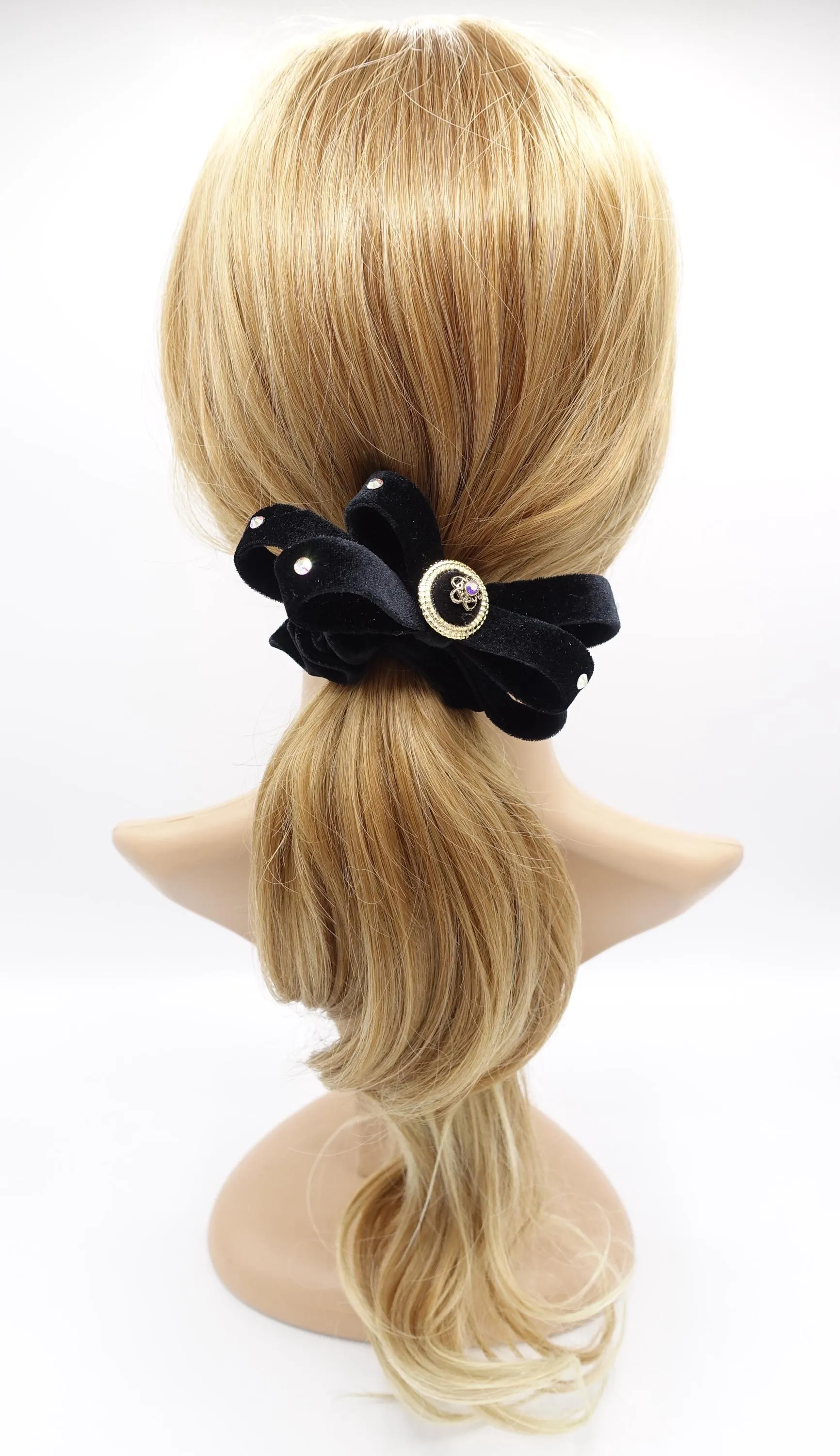 rhinestone button velvet bow scrunchies, regal loop hair tie, embellished hair ties for women