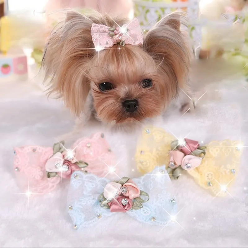 Rhinestone Embroidery Lace Pet Hair Bow-Hair Clip for Doggie- Wedding-Party Accessory