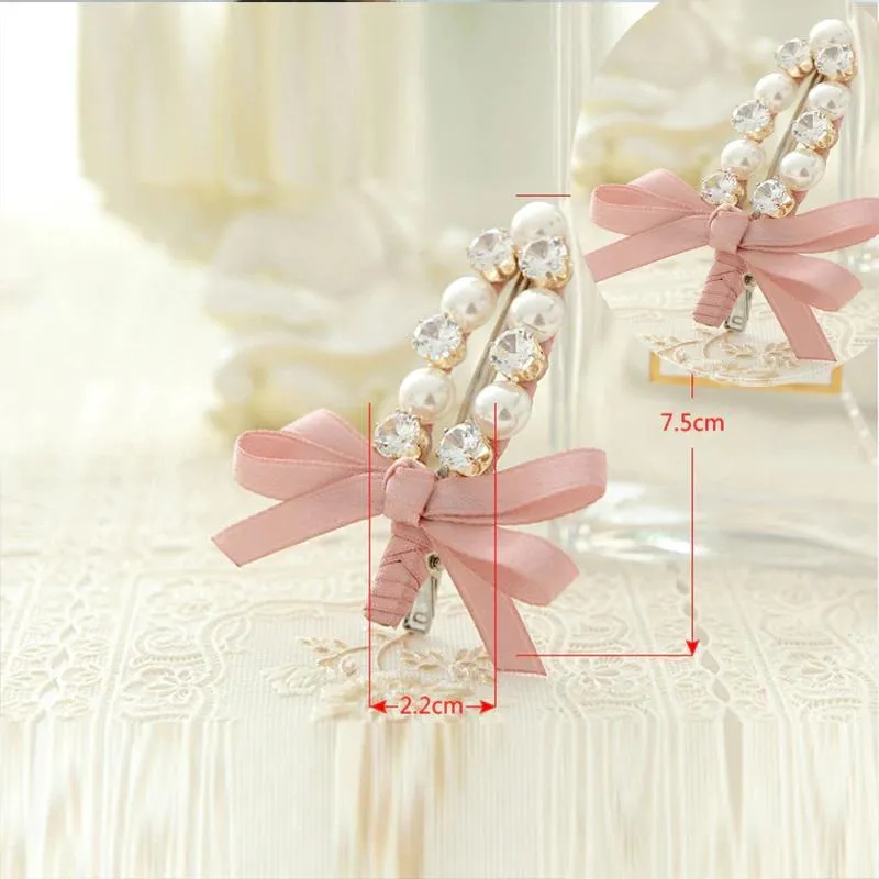 Ribbon Bowknot with Rhinestone Pearl Hair Clips