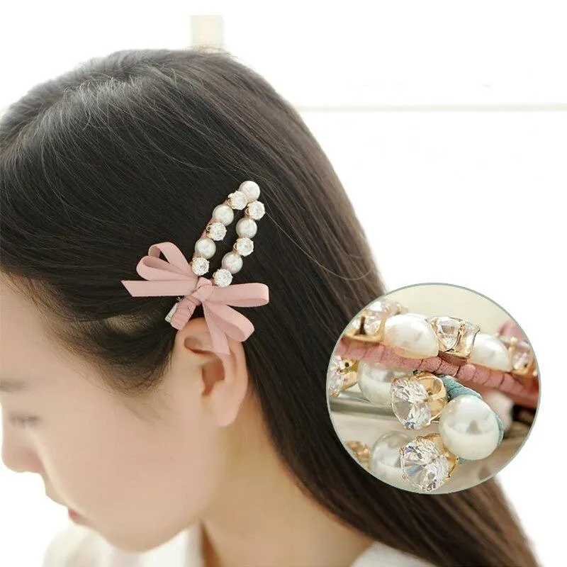 Ribbon Bowknot with Rhinestone Pearl Hair Clips