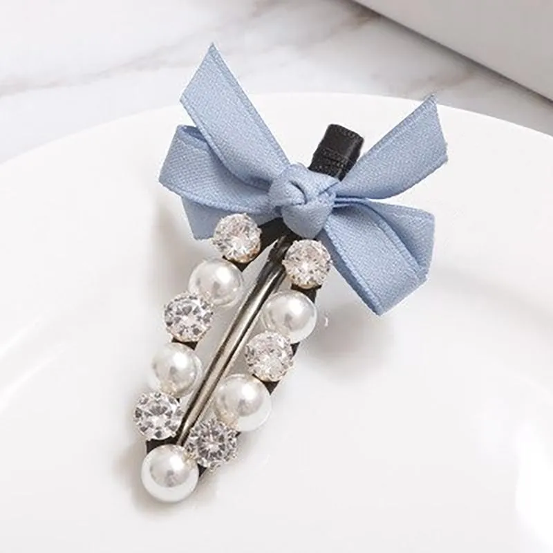 Ribbon Bowknot with Rhinestone Pearl Hair Clips