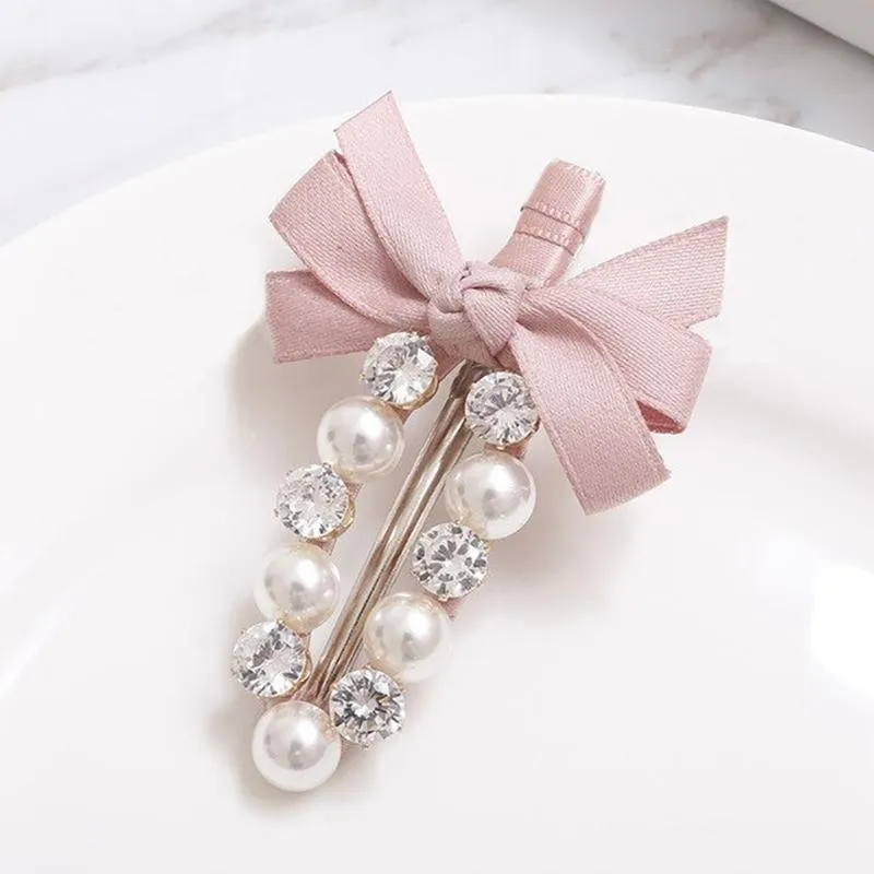 Ribbon Bowknot with Rhinestone Pearl Hair Clips