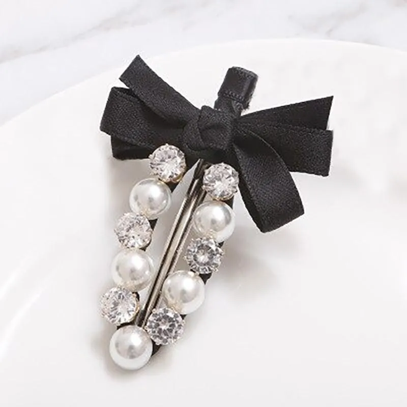 Ribbon Bowknot with Rhinestone Pearl Hair Clips