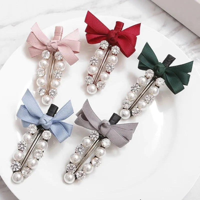 Ribbon Bowknot with Rhinestone Pearl Hair Clips