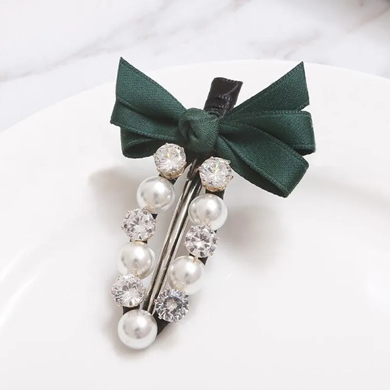 Ribbon Bowknot with Rhinestone Pearl Hair Clips