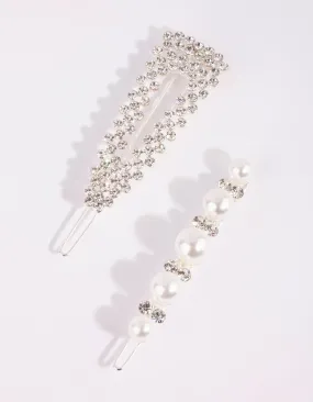 Silver Diamante & Pearl Clip Set