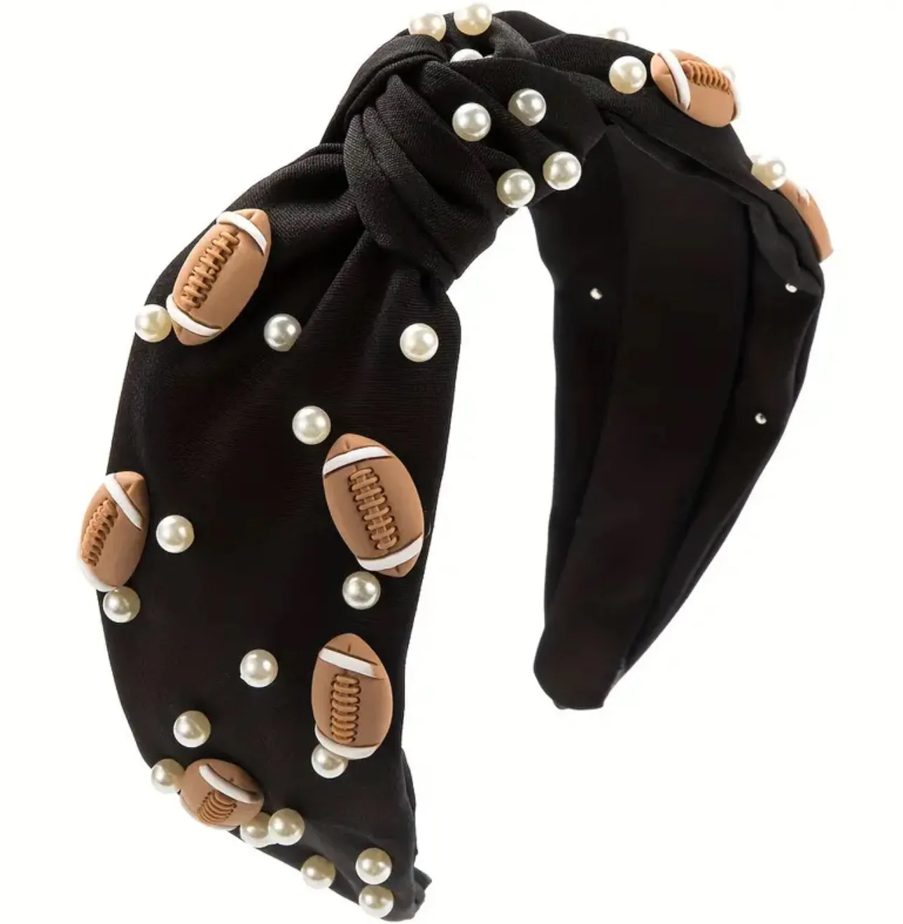 Sports-Inspired Pearl Embellished Football Headband with Knot Detail - Polyester & Spandex Material, Sports Theme