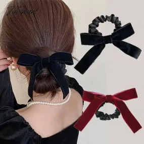 Tavimart Black Minimalist Velvet Bow Hair Rope Female Black New Hair Tie High-end Solid Color Hair Ring Hair Accessories for Girls