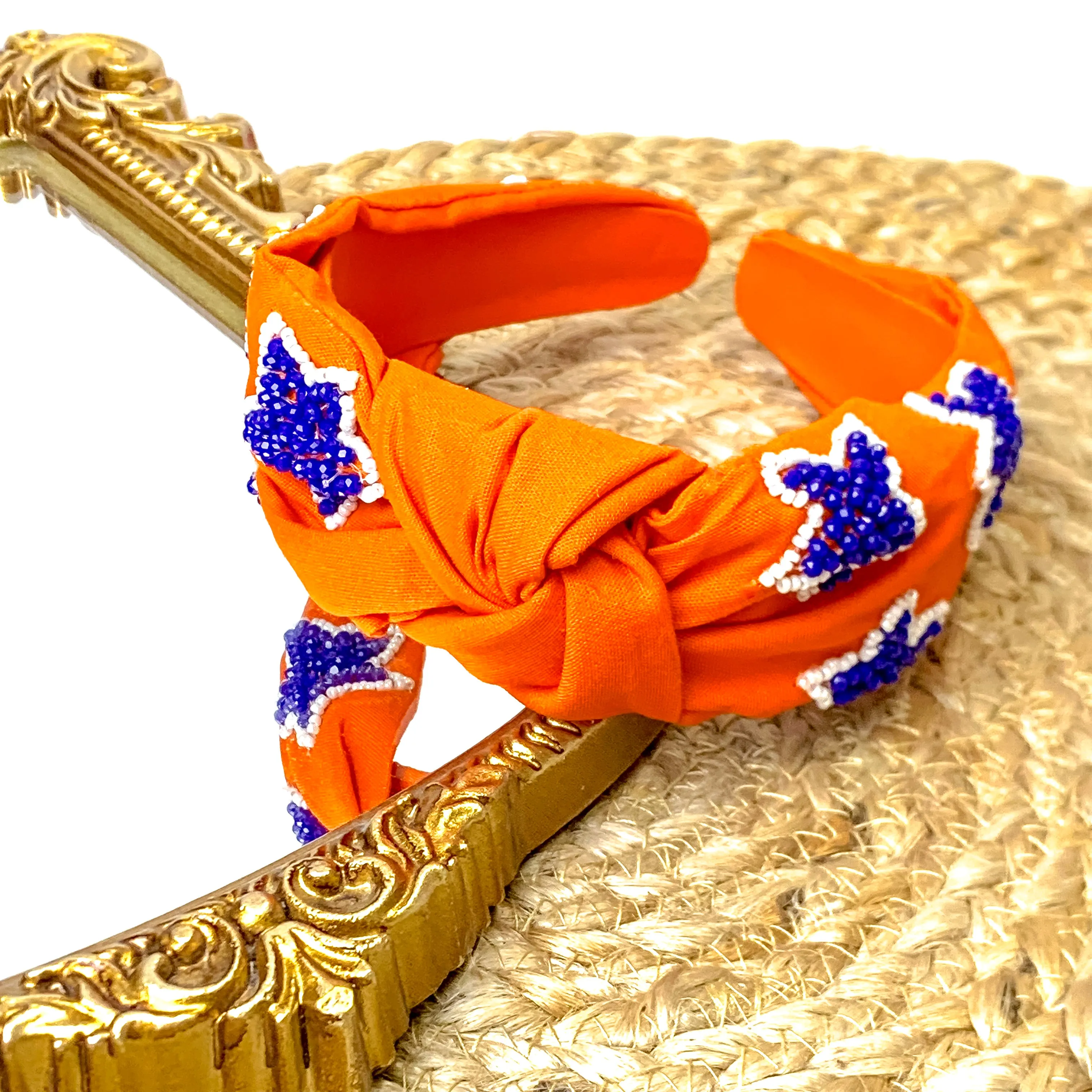 Team Spirit Orange Knot Headband with Navy Blue and White Seed Bead Stars