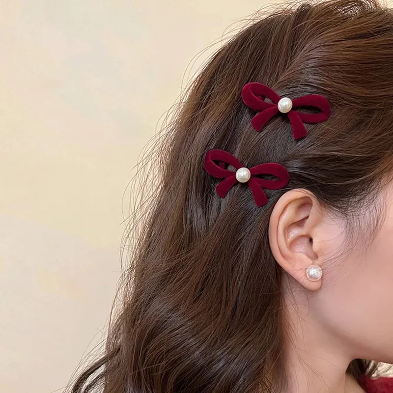 VAIGE 2 Pack Red Bow Hair Clips with Pearl Accent - Mini Cashmere Hairpins, 5*2.5cm Cute Accessories