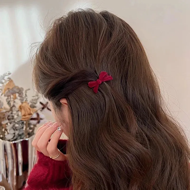 VAIGE 2 Pack Red Bow Hair Clips with Pearl Accent - Mini Cashmere Hairpins, 5*2.5cm Cute Accessories