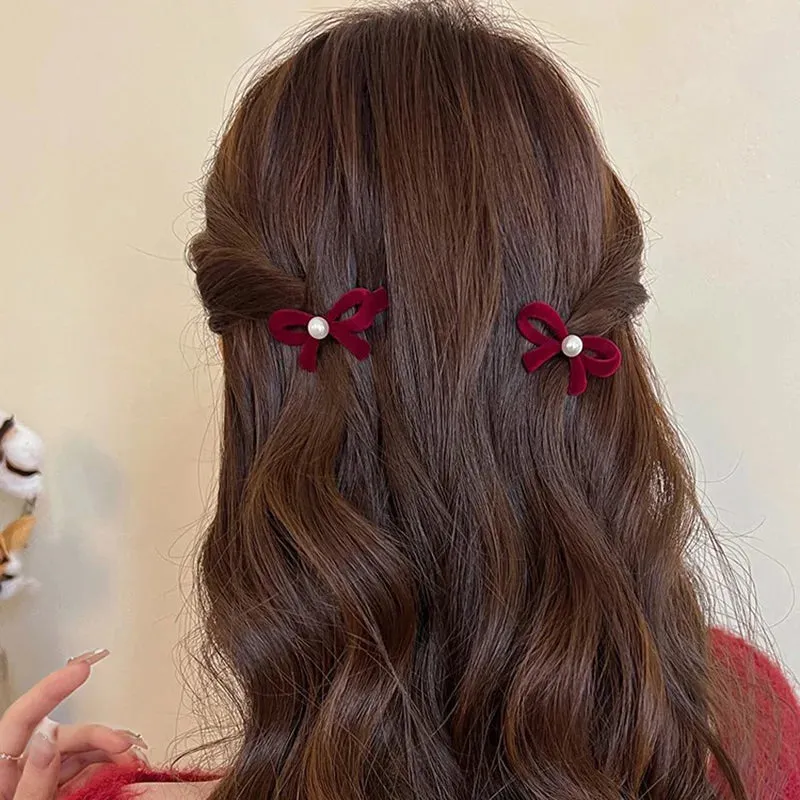 VAIGE 2 Pack Red Bow Hair Clips with Pearl Accent - Mini Cashmere Hairpins, 5*2.5cm Cute Accessories