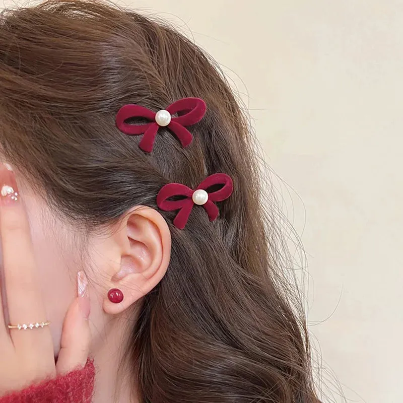 VAIGE 2 Pack Red Bow Hair Clips with Pearl Accent - Mini Cashmere Hairpins, 5*2.5cm Cute Accessories