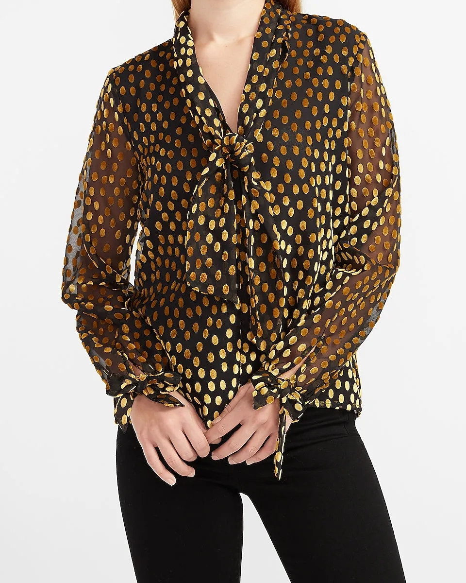 Velvet Dot Tie Neck Top in Black Print