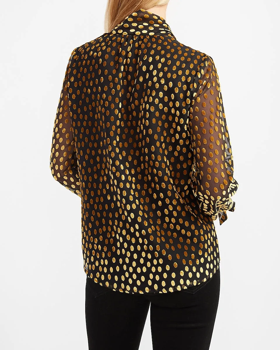 Velvet Dot Tie Neck Top in Black Print