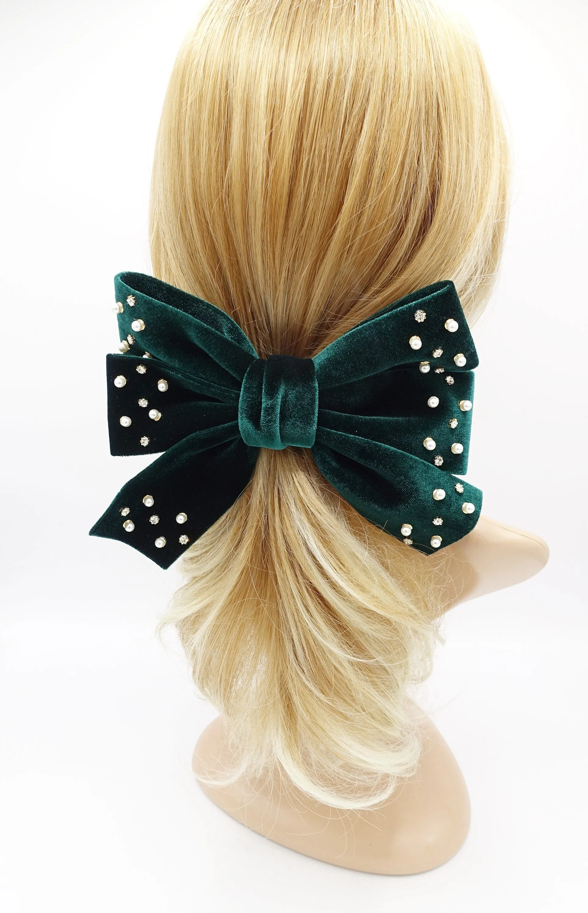 velvet hair bow, triple rhinestone hair bow, pearl velvet bow, luxury hair bows for women