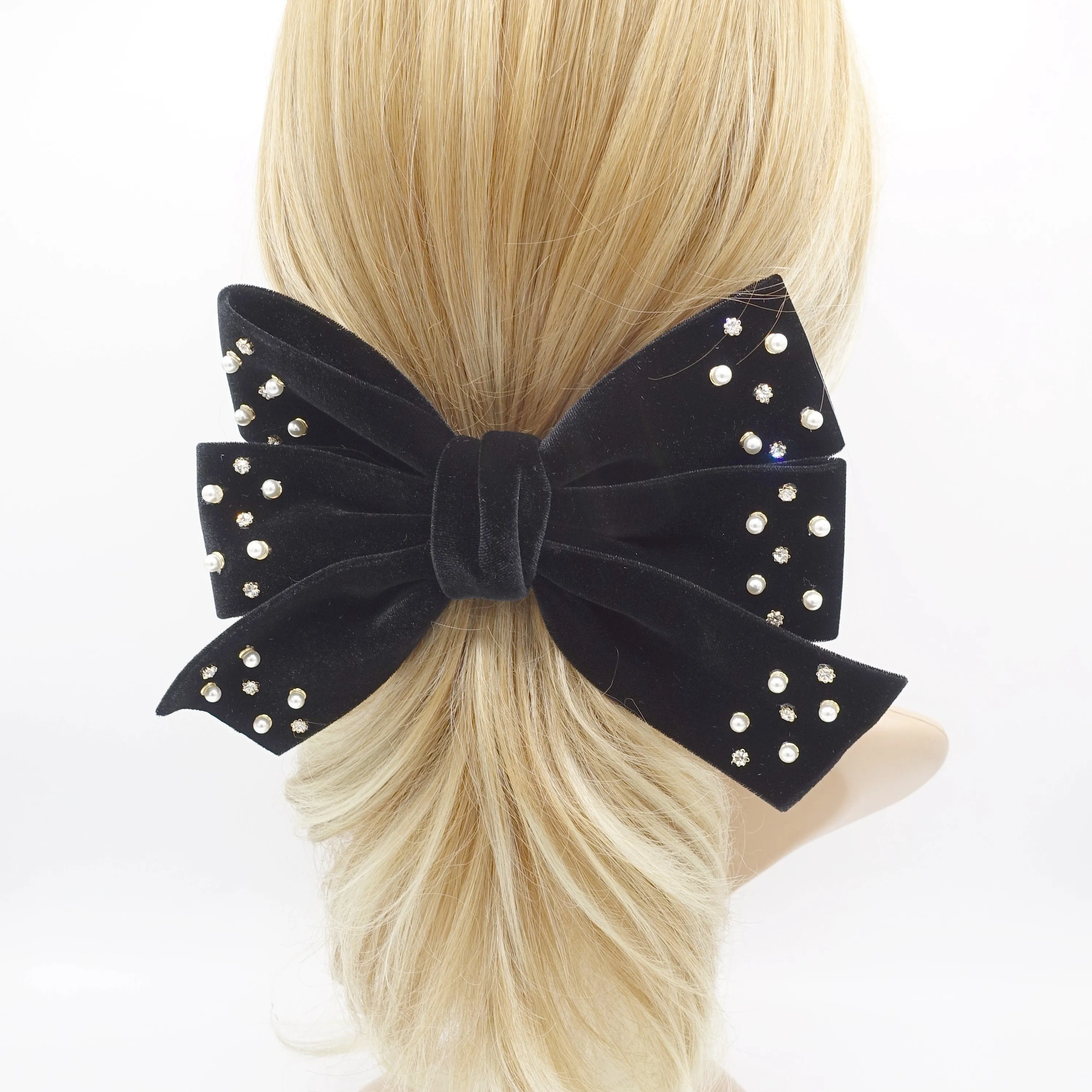 velvet hair bow, triple rhinestone hair bow, pearl velvet bow, luxury hair bows for women