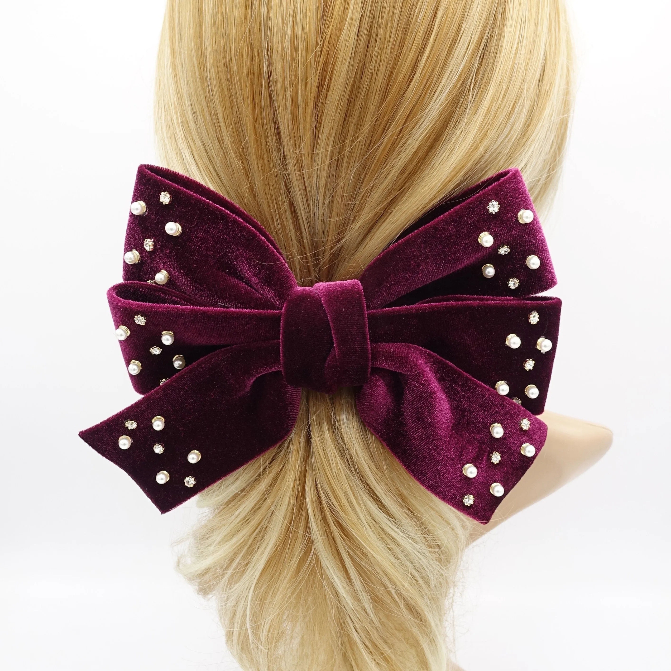 velvet hair bow, triple rhinestone hair bow, pearl velvet bow, luxury hair bows for women