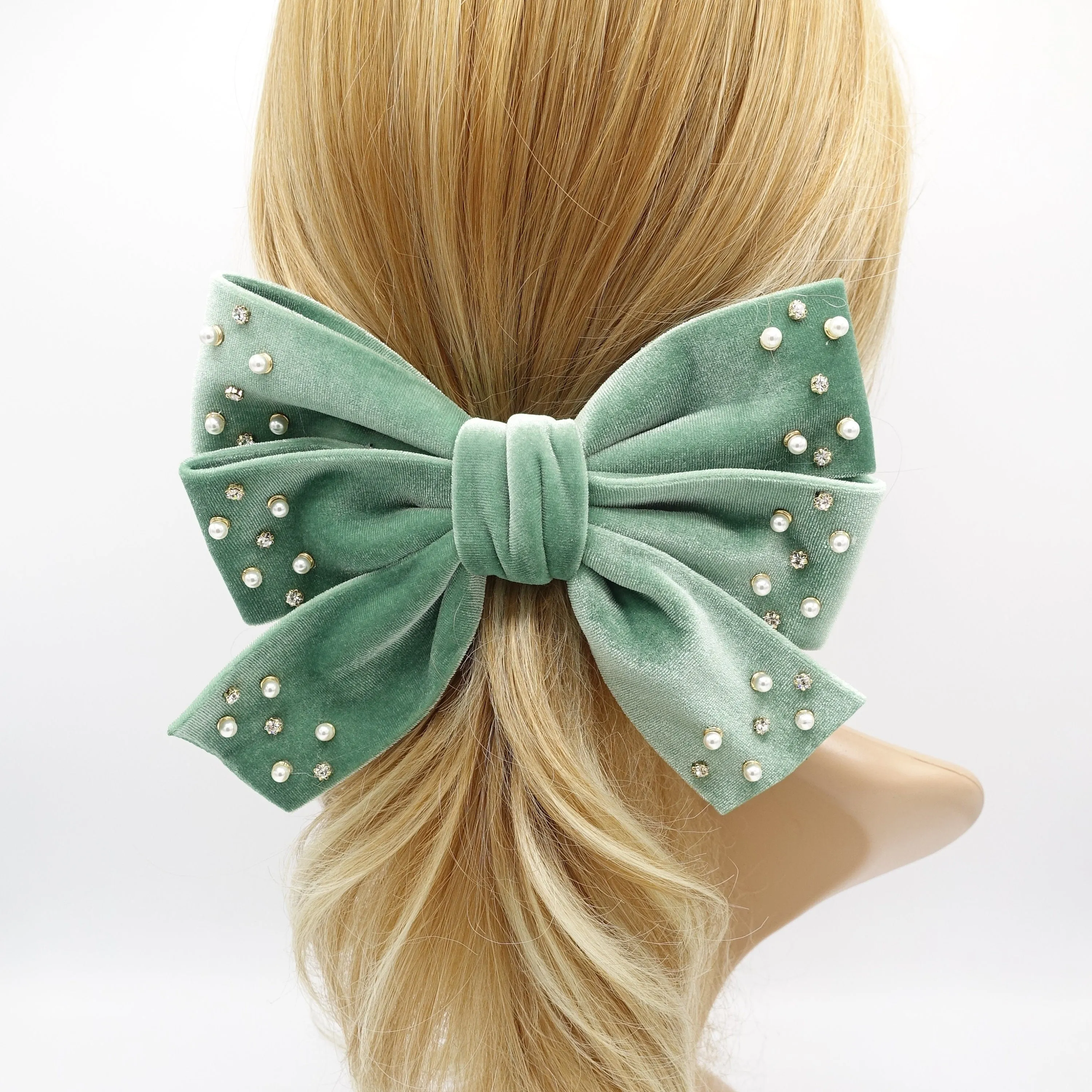 velvet hair bow, triple rhinestone hair bow, pearl velvet bow, luxury hair bows for women