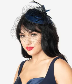 Vintage Style Blue Velvet & Black Sinamay Fascinator