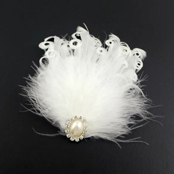 White Ostrich and Curly Feather Bridal Hair Clip & Brooch with Pearl