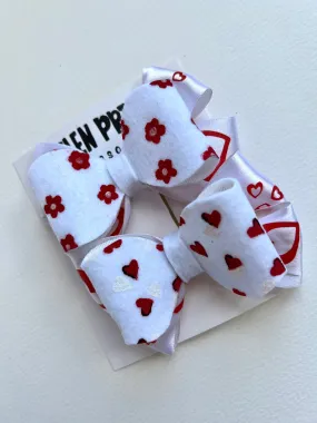 White Red Halloween Hair Bow Set with Felt Hand Painted Hearts and Flowers Pigtail Bows Pinwheel Baby Bow Hello 1st Grade Accessories