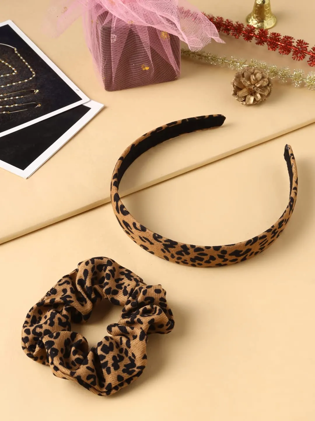 Yellow Chimes Hair Band for Girls Women Hair Accessories for Girls Hairband & Scrunchies Set For Women Leopard Printed Satin Scrunchies Head Bands for Girls Hair Ties Head Band for Girls Gift For Women & Girls